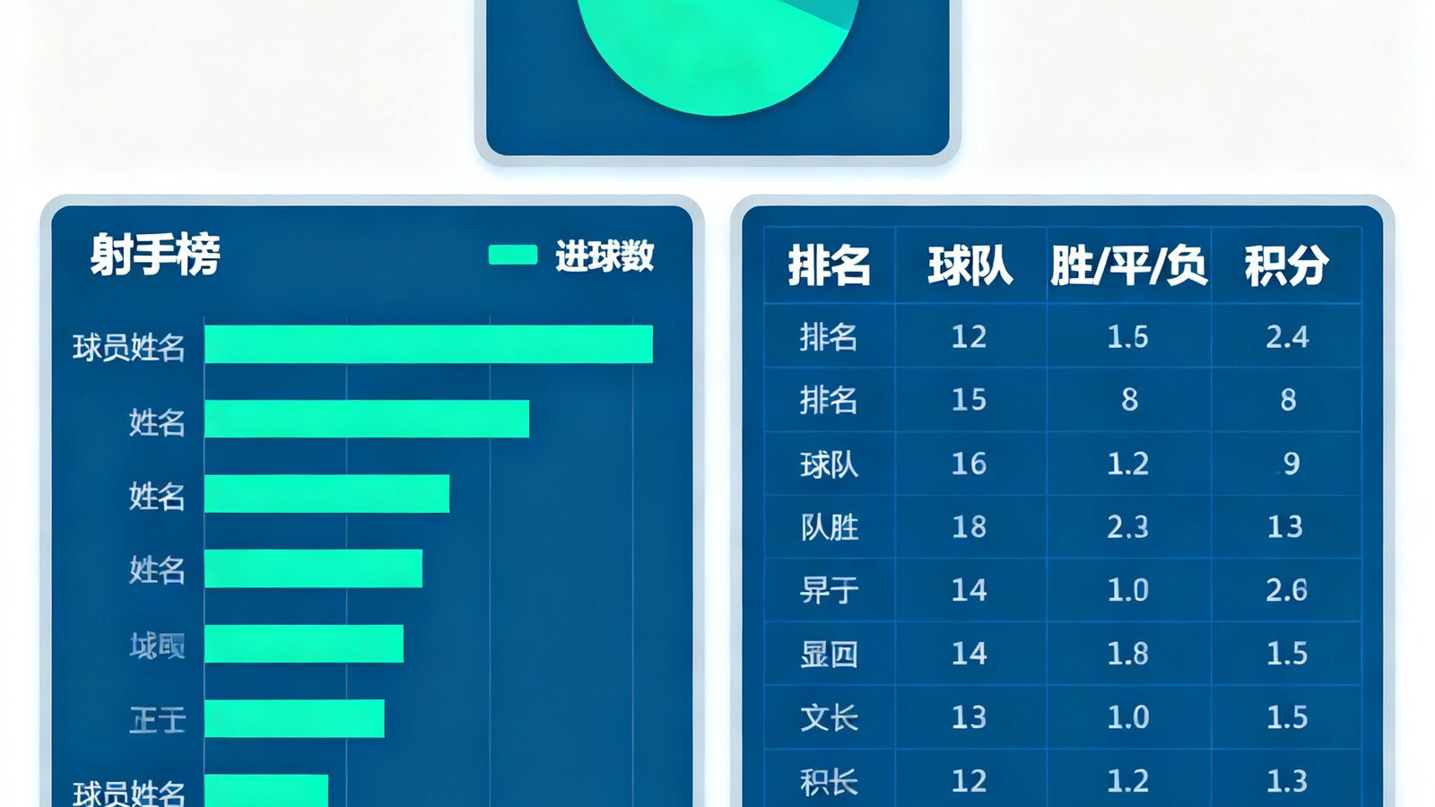 足球数据仪表盘展示球队控球率饼图、射手榜条形图和赛季积分榜表格
